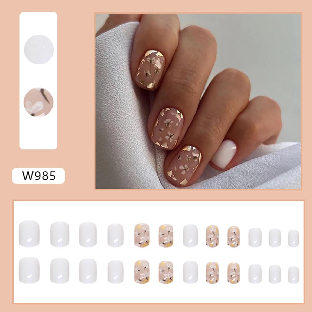 NEWSPIED Press on Nails Short Square Glue on Nails with Glitter Gold Foil Floral Designs Nude White Fake Nails Full Cover Artificial Acrylic Nails Extra Short False Nails for Women Girls 24 Pcs - Image 2