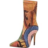 vivianly Women's Sexy Pointy Toe Stiletto Heels Ankle Boots Printed Stretchy Sock Booties