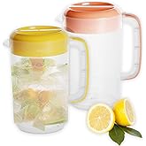 Nexboraque 2 Pack 1 Gallon Plastic Straining Pitcher with Lid - Large Water Pitcher with Handle and Measurements for Cold Drinks and Iced Tea - Pink, Yellow