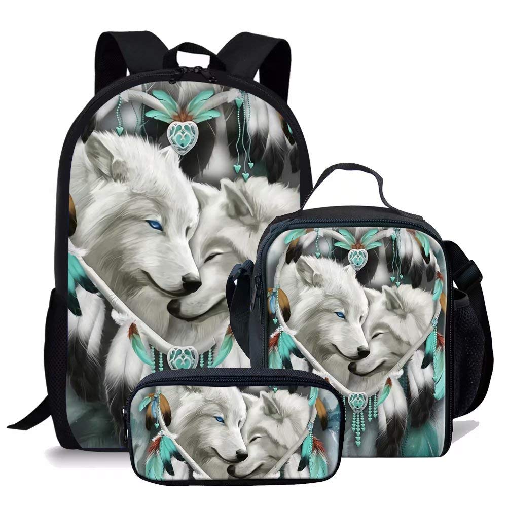chaqlin Children Backpack and Lunchbox Girls Pencil Case Animal Wolf Primary Schoolbag Kids Back Pack Large Rucksack Bookbag Set