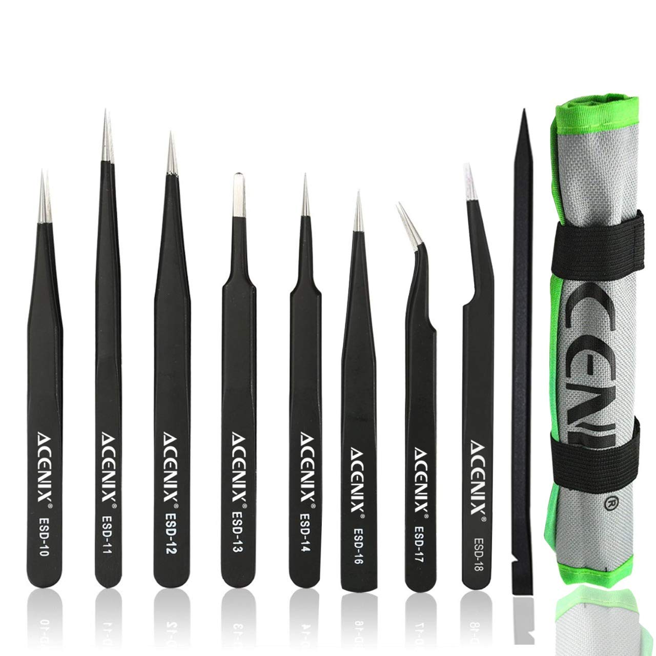 ACENIX® 8 Pcs Professional Precision ESD Anti-Static Stainless Steel Tweezers for Electronics, Jewelry-Making, Laboratory Work, Hobbies Included Cleaning Cloth]