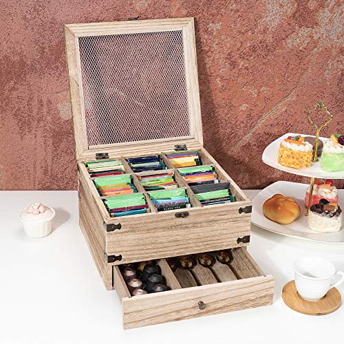 JAZUIHA Wooden Tea Storage Chest Box with Pullout Drawer, 9 Storage