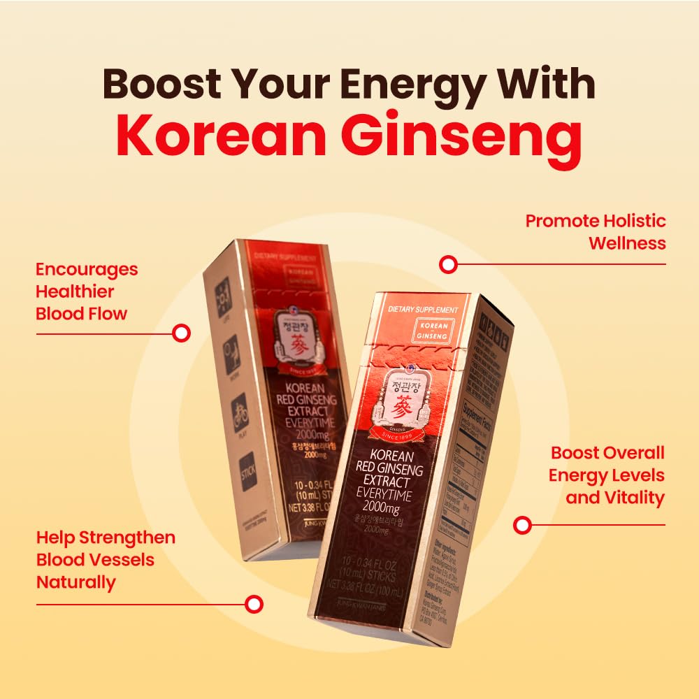 JUNG Kwan Jang Korean Red Ginseng Extract Everytime 2000mg | Panax Ginseng Supplement | Red Ginseng, Giseng Drink, Korean Food | Boost Energy, Immunity | 10 Count