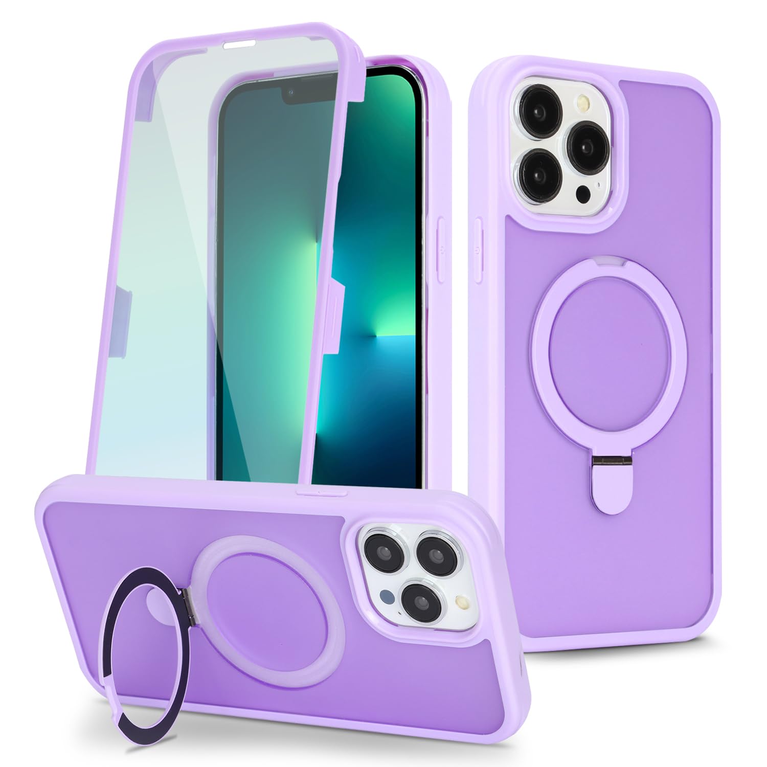 CoozCase for iPhone 14 Pro Max Case with Magnetic Ring Stand and Built-in Screen Protector, Compatible with MagSafe, for Apple 14 Pro Max Full-Body Phone Cases for Men Women, Light Purple