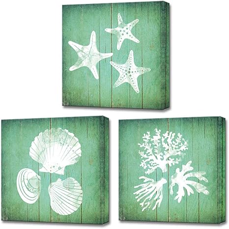 Amazon Com Lovehouse Mint Green Wall Art 3 Panels Sea Animal Seashell Coral Starfish Silhouette Abstract Painting Decor Mordern Ocean Artwork Pictures Framed For Bathroom Living Room Home Decor 12 X12 X3pcs Posters Prints