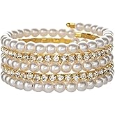 COLORFUL BLING Chunky Imitation Pearl Bracelet for Women Multi Row Layered Crystal Rhinestone Stackable Wrap Open Cuff Bangle Bridal Wedding Jewelry