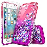 NageBee iPhone 6/6S/7/8 Phone Case with Tempered Glass Screen Protector for Girls Women Kids, Glitter Liquid Sparkle Bling Floating Waterfall Diamond Shockproof Cute Case -Pink/Purple