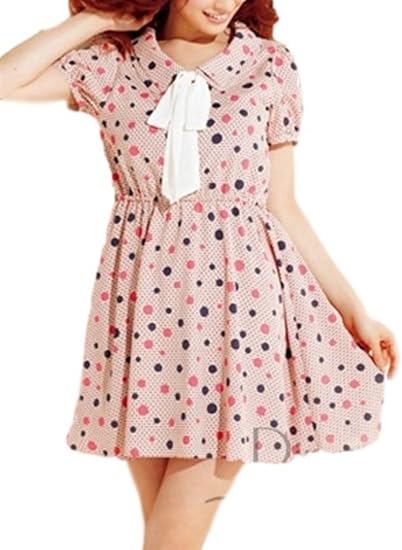 Amazon Co Jp フレアー 膝丈 ワンピース レトロガーリー ２枚衿 パフスリーブ ドット柄 ワンピ 取り外し可能 リボンタイ付き ネイビー 服 ファッション小物