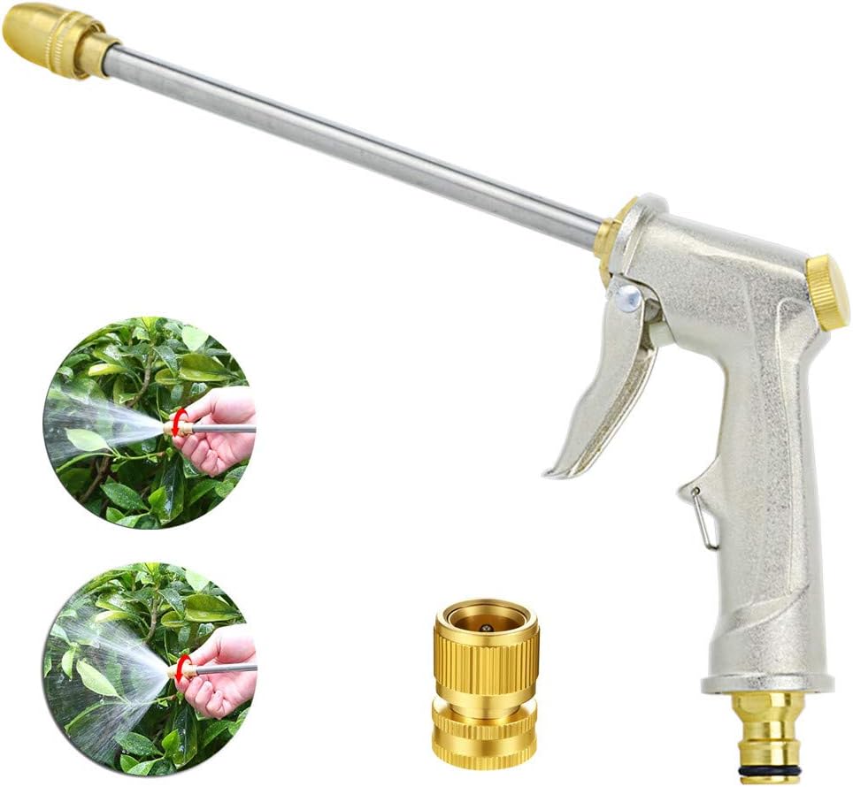 Garden Hose Nozzle, Metal Spray Gun, Pressure Washer Gun, 360° Rotaing Water Adjustmen Power Washer Gun Ideal for Car Washing, Plants Watering, Pets Shower, Cleaning (Long,Silver)