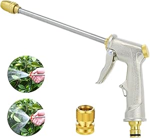Garden Hose Nozzle, Metal Spray Gun, Pressure Washer Gun, 360° Rotaing Water Adjustmen Power Washer Gun Ideal for Car Washing, Plants Watering, Pets Shower, Cleaning (Long,Silver)