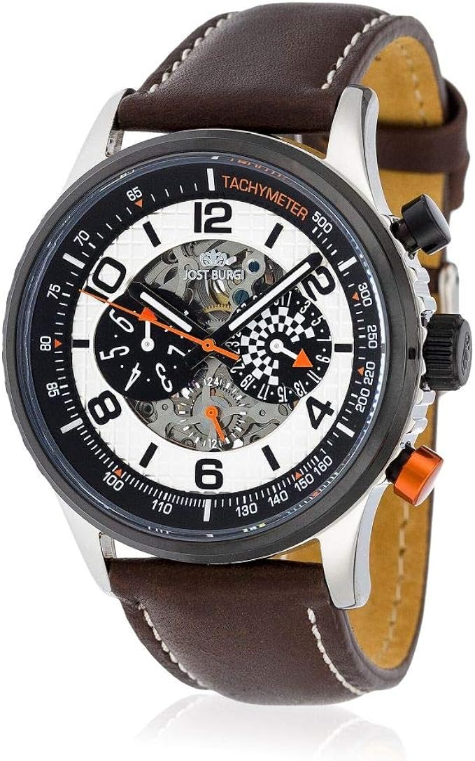 Jost Burgi Men's Automatic Watch, 42 mm, White Face, Brown Leather
