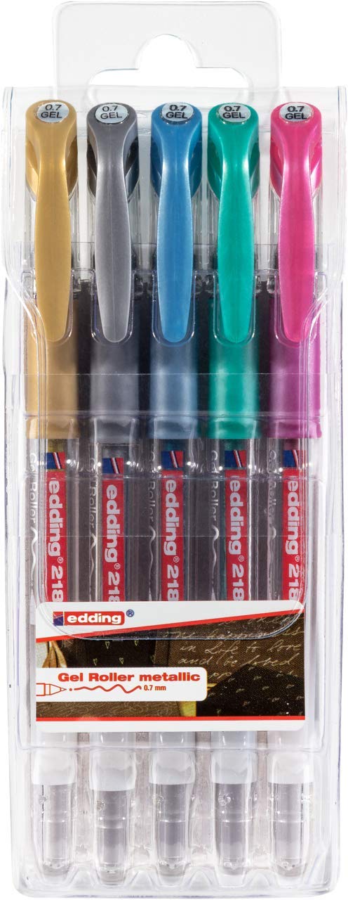 edding 2185 gel roller - gold, silver, blue, green, pink (metallic) - set of 5 - 0.7 mm - gel pen for writing, drawing, colouring mandalas, bullet journals - glitter gel pen, colour gel pen