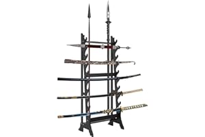 HUYEAR Sword Stand,Sword Rack with 10 Tiers & 3 Spear Holes,Sword Display Floor Stand,Wooden Samurai Katana Stand Holder for Multiple Swords Display (Black)