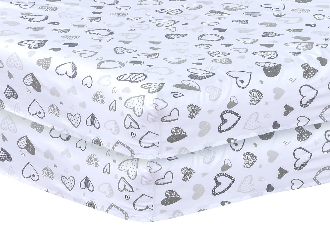 2 x Cot Bed Fitted Sheets, 60 x 120 cm Easy Care Fine Quality Breathable Polycotton Cot Sheet (Tiny Grey Hearts-60 x120cm)