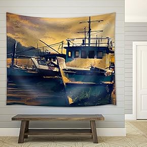 Fishing Boats in Harbor,Old Painting Style - Fabric Wall Tapestry Home Decor - 51x60 inches