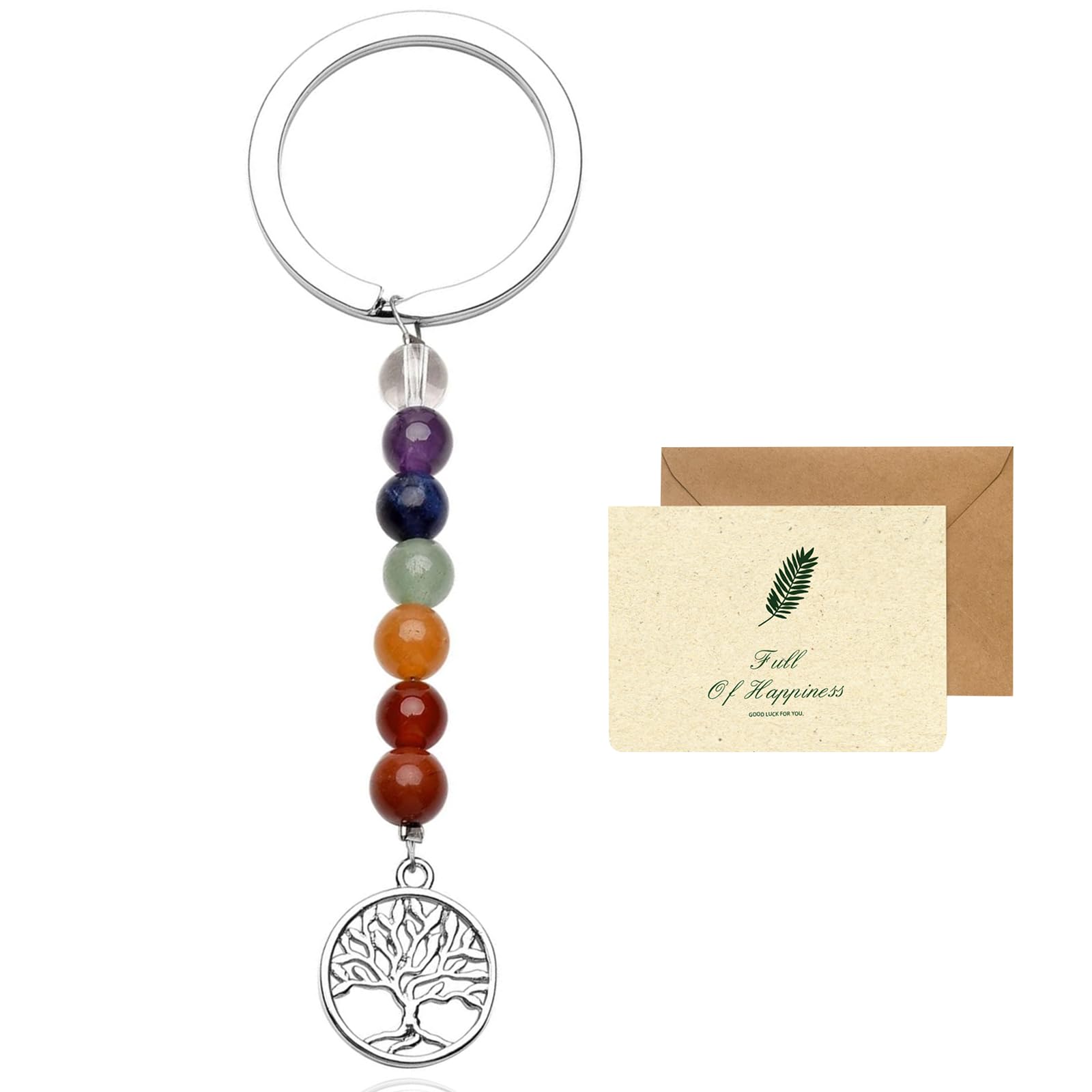 SwirlColor Tree of Life Keyring, 7 Chakra Healing Crystal Tree of Life Keychain Natural Gemstone Beads Key Chains for Women Men Crystal Gifts, with Best Wishes Card
