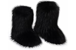 QMFUR Women's Furry Faux Fur Boots Fuzzy Fluffy Mid Calf Snow Boots Suede Warm Fur Lined Booties Flat Fashion Boots