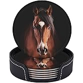 Famame Handsome Brown Horse Leather Coasters for Drinks with Holder Coaster Sets 6 Pcs Drink Table Cup Coasters for Living Room Kitchen Coffee Decor