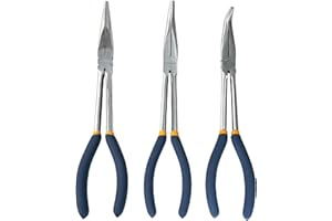 MANUFORE 11 in Long Reach Needle Nose Pliers 3-Piece Set - Straight, 45° Bent, and 90° Bent Heads - Household Tool Kit for Electrical, Repair, DIY