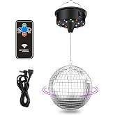 Disco Ball with Motor and Light - 10 RPM Rotating Motor 6 Inch Mirror Ball | 18 LED Beads 4 Color Lights, Remote Control, 16ft Detachable Power, for Party Decor, Nightclub, Bars