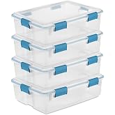 Sterilite Gasket Storage Box with Lids for Home &amp; Office, 37 Quart, 4-Pack | Heavy-Duty, Stackable, and Organizing Containers for Bathroom, Cabinet, Closet, and Garage, Clear and Blue Aquarium Latches