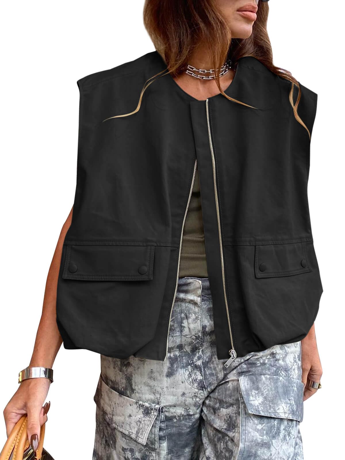 Tankaneo Womens Casual Zip Up Vest Cargo Oversized