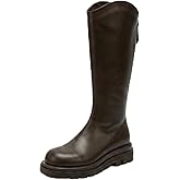 FLOWERGIRR Women's Mid-Calf Riding Boots Chunky Heel Round Toe Khaki Beige Black Brown Faux Leather Back Zipper Tall Boots Pull On Ankle Boots US Size