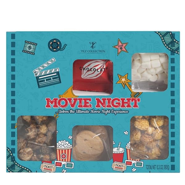 MOVIE NIGHT HAMPER SNACK BOX, MOVIE NIGHT SNACKS, KIDS SWEETS SWEETS GIFT BOX WITH CHOCOLATES, HOT CHOCOLATE, MINI MARSHMALLOWS, CHOCOLATE & CARAMEL POPCORN, BUTTER BISCUITS, GIFTS FOR HER |WOMEN |HIM