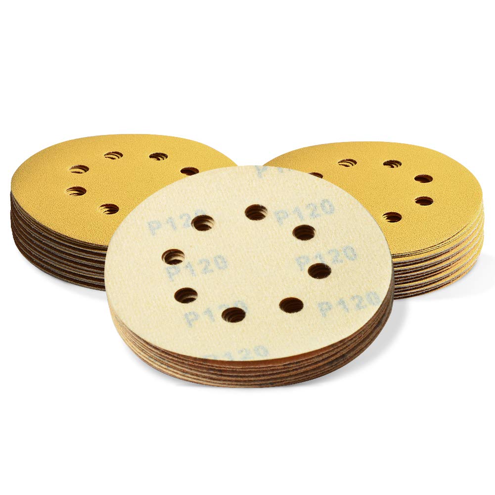 SPEEDWOX 50 Pcs 5 Inches 8 Hole Sanding Discs 120 Grit Dustless Hook and Loop Sandpaper for Random Orbital Sander Yellow Finishing Discs for Automotive Woodworking