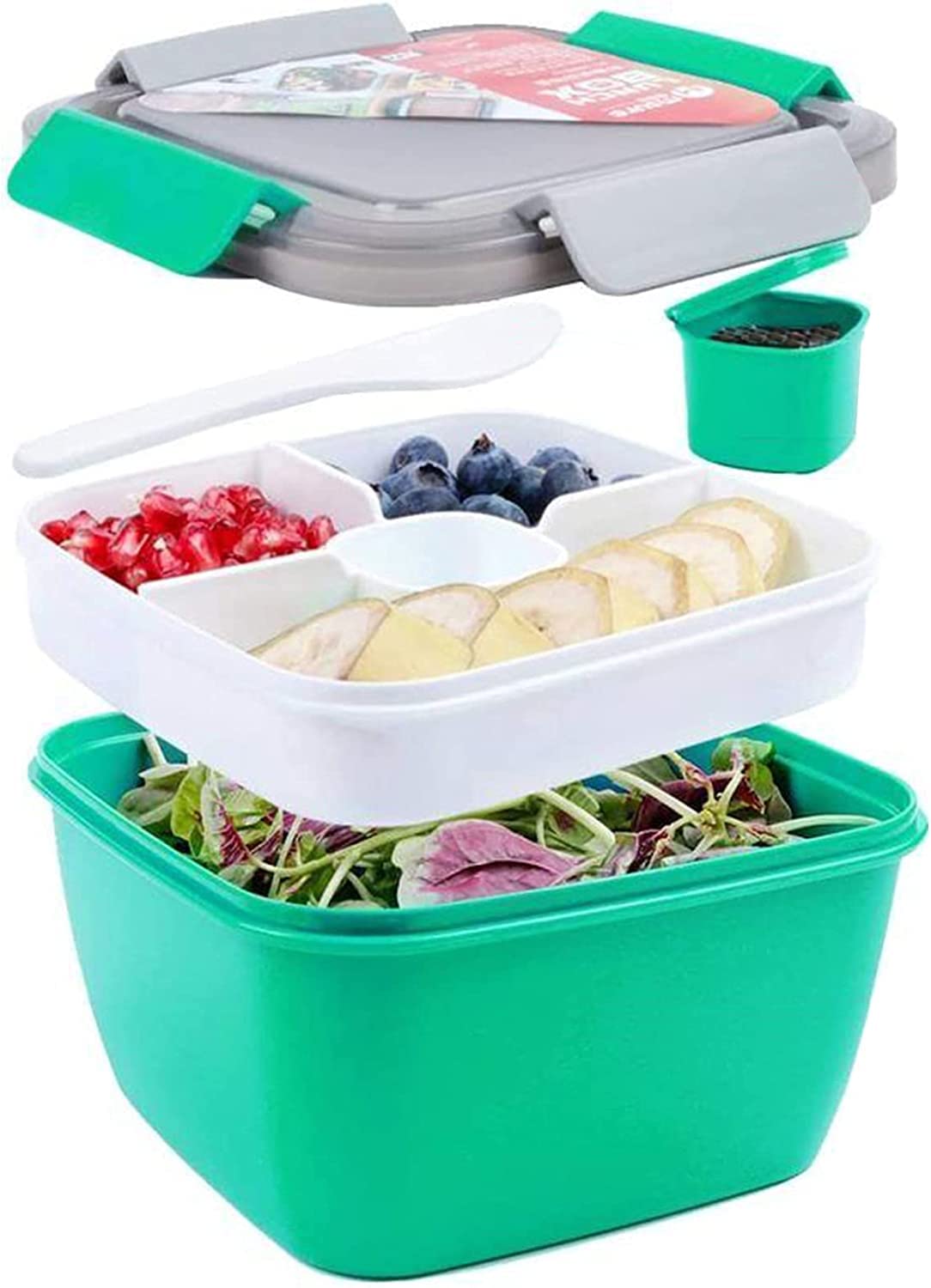 Greentainer 52 OZ to Go Salad Container Lunch Box, BPA-Free, 3-Compartment for Salad Toppings and Snacks Bowl with Dressing Container, Built-in Reusable Spoon, Microwave Safe - Green
