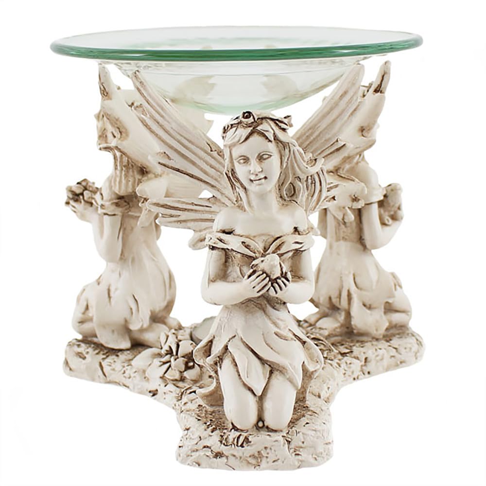 Whimsical White Resin Fairy Oil Burner - 11cm x 13cm (1 Pack) - Enchanting Trio of Fairies Design - Perfect for Home & Decor