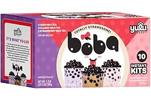 Boba Bundle Kit 10 Serv. Instant Bubble Pearl Variety Milk Tea Kit with Authentic Brown Sugar Tapioca Pearls by Yulu Foods - Ready in Under 1 Minute, Includes Paper Straws - Gift Box, Holiday (Classic, Taro and Strawberry)