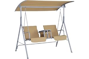 Outsunny 2 Person Porch Swing with Stand, Outdoor Swing with Canopy, Pivot Storage Table, 2 Cup Holders, Cushions for Patio, Backyard, Beige