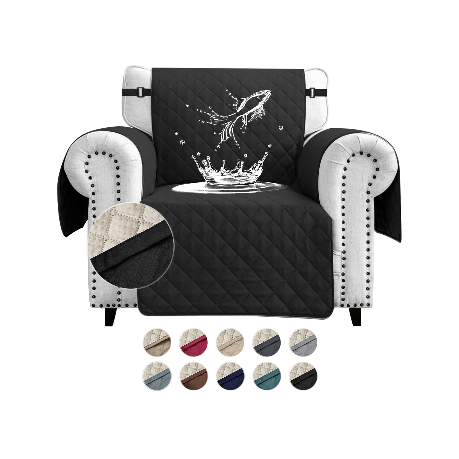 FIGOOO Sofa Covers Water Resistant Sofa Slipcovers 1 Seater Waterproof Anti-Slip Anti-Scratch Sofa Cover with Non Slip Elastic Straps for Dogs Cats Pets,Black