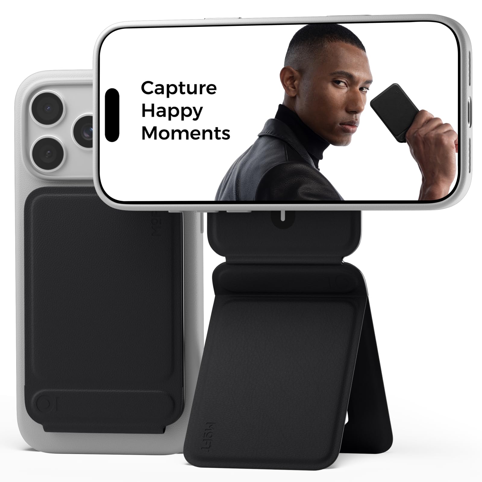 Photo 1 of MOFT Phone Tripod Stand Selfie Stick for iPhone, Multi-Angles iPhone Stand, Lightweight & Portable Phone Holder, Strong Magnets, MOVAS Vegan Leather, Travel Essentials, Jet Black (Without Card Slot)