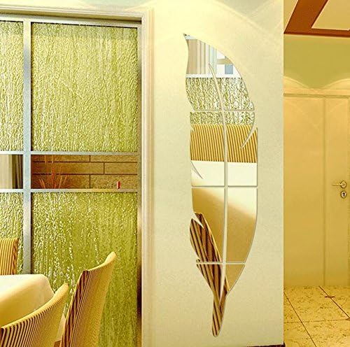 Yusylvia 1set 120X30cm DIY Modern Plume Feather Style Acrylic Mirror Wall Stickers Room Decoration (large 120X30CM, Gold)