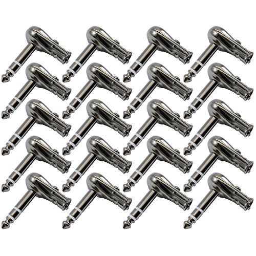 GLS Audio 1/4" Right Angle Plugs TRS Stereo Flat Low Profile Pancake Style for Speaker Cables, Patch Cables, Snakes - Male 1/4 Inch Phono 6.3mm Phone Plug Bulk - 20 Pack