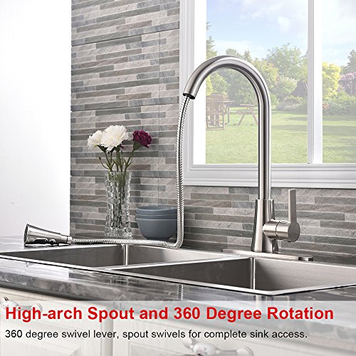 VALISY Lead-Free Commercial Stainless Steel High-Arch Brushed Nickel Single Handle Pull Down Sprayer Kitchen Sink Faucets, Kitchen Faucet with Deck Plate