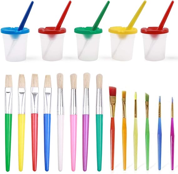 EVNEED 5 Pcs Spill Proof Paint Cups in 5 Colors and 14 pcs Assorted Colored Painting Brushes Set