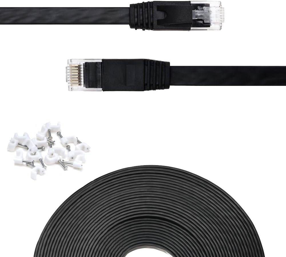 Cat 6 Ethernet Cable 25 ft Flat Black,Solid Cat6 High Speed Computer Wire with Clips & Rj45 Connectors for Router, Modem, Faster Than Cat5e/Cat5, (25ft, 1 Pack, Black)