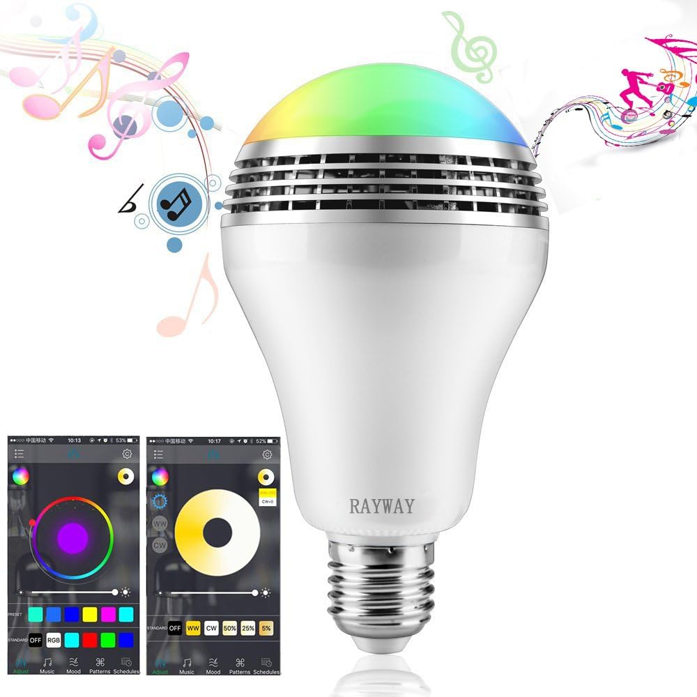 RAYWAY Led Bluetooth Speaker Light Bulb, 6W+3W White RGB App Controlled Led Music Bulb, Timing 