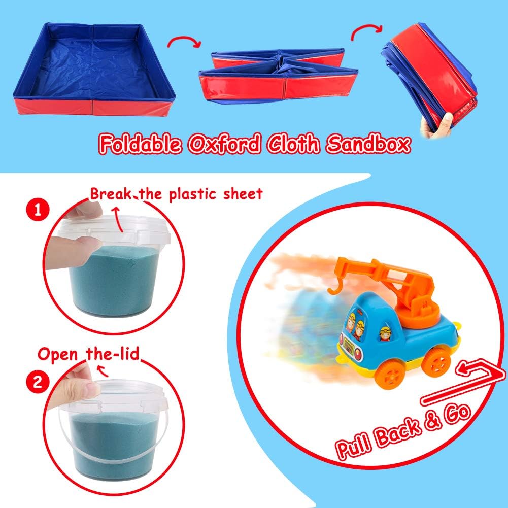 Play Construction Sand Kit - 3lbs Sand with 2 Colors, 6 Mini Construction Trucks, Construction Toys and Signs, Animal Mold, Modeling Tools, Foldable Sandbox with Clean Set Gifts for Boys Girls: Toys & Games