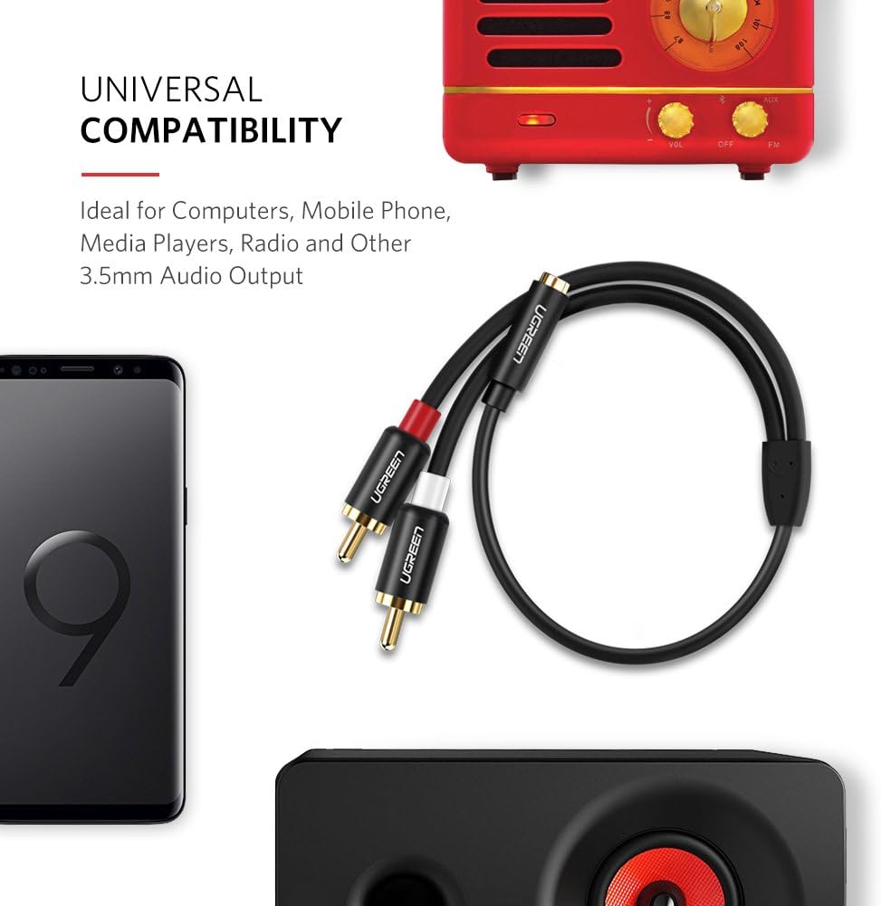 UGREEN RCA to 3.5mm Female Adapter 2 Phono Male Mini Jack Cable Red and White Aux Headphone Stereo Audio Lead Compatible with Hi-Fi Speaker Amplifier AV Receiver Car DJ Mixer Turntable DVD CD Player - Image 3