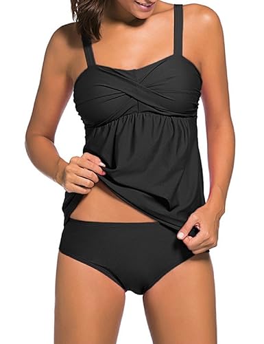 LRUD Damen Two Piece Spaghetti Gurt Tankini Set Kordelzug Hoher Taille Badeanzug Bademode Swimwear Bikini Große Größe