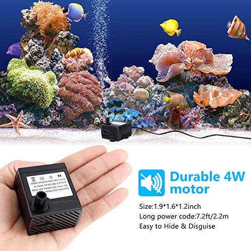 Fountain Pump, 80GPH Submersible Water Pump, Durable 4W Outdoor Fountain Water Pump with 7.2ft(2.2m) Power Cord, 2 Nozzles for Aquarium, Pond, Fish Tank, Water Pump Hydroponics, Backyard Fountain