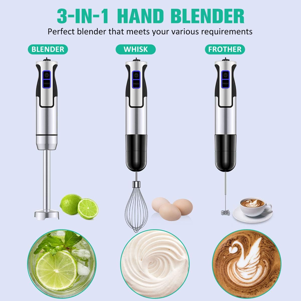 COMSOON Immersion Blender, 3-in-1 500W Multifunctional Hand Blender, Turbo Design & 8 Speed Stick Blender with Detachable Shaft, Whisk & Milk Frother for Making Smoothies, Puree, Baby Food, Soup, etc: Kitchen & Dining