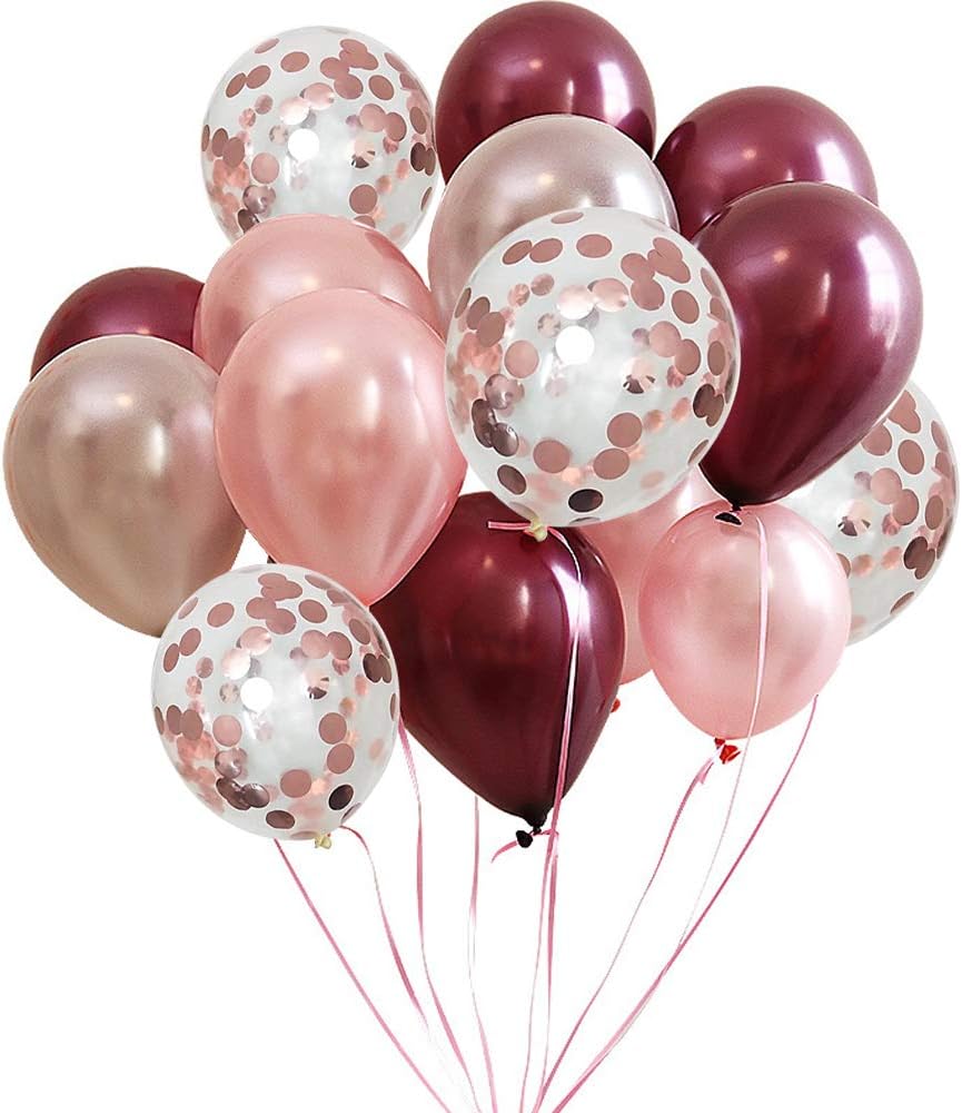 FUNPRT Burgundy Latex  Balloon  and Rose Gold Confetti Balloons 12 inch 50 Count