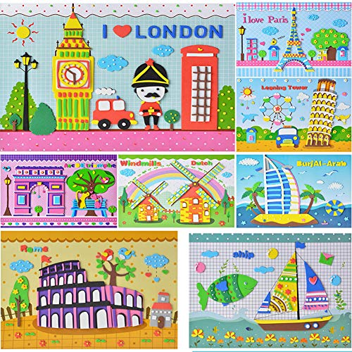 Mosaic Stickers Art Kits for Kids ,8 pcs 3D EVA Foam DIY Handmade Art Crafts for Kids Mosaic Buildings-Big Ben,Eiffel Tower,Leaning Tower of Pisa