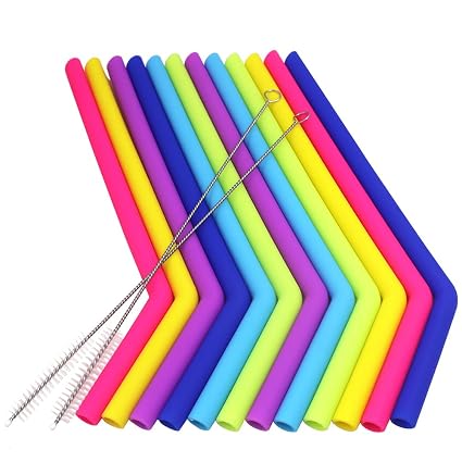 Paquete de 12 pajitas de silicona, YuCool reutilizables, extra largas, con 2 cepillos para vaso YetiRtic de 30 ml, diámetro de 1,27 cm, longitud de 24,06 cm â 6 colores