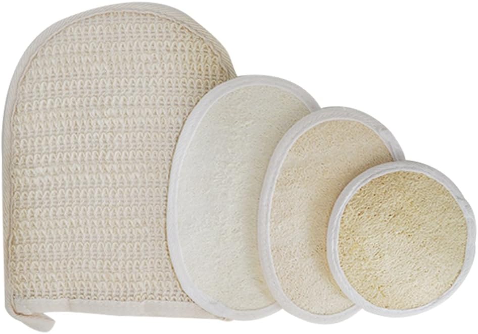 Natural Petting Bath 4 Set for Women or Men - Includes 1 Cotton Hemp Mitt, 1 Small Size Round Shaped Loofah Facial Exfoliating Pad, 1 Medium and 1 Large Size Oval Shaped Loofah Pads